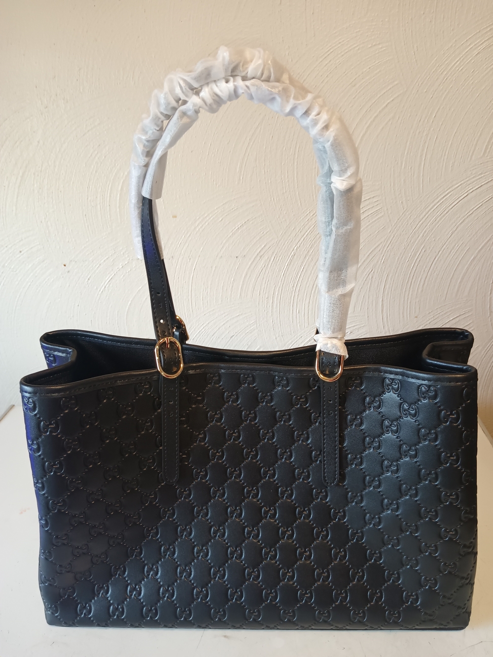 Gucci Black Embossed GG Leather Tote with Gold Hardware